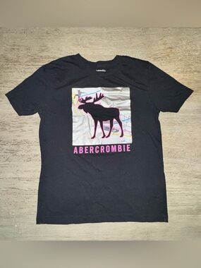 abercrombie kids Black Tee with Pink Moose Graphic